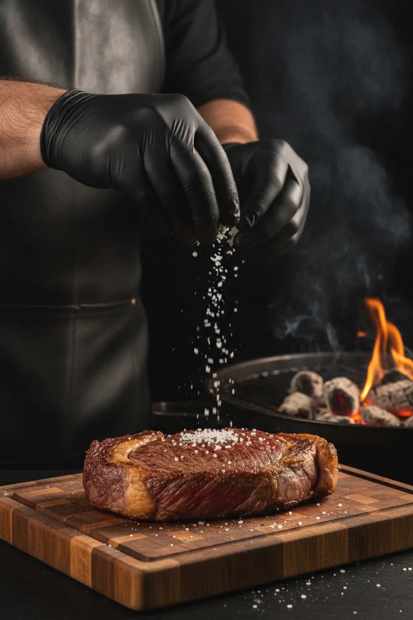 Manos del carnicero salando dos ribeyes crudos sobre la tabla