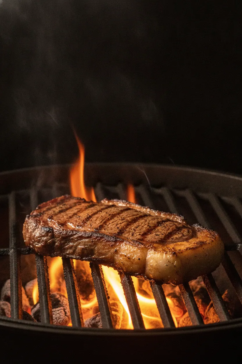 Bistec sobre la parrilla con la llama subiendo