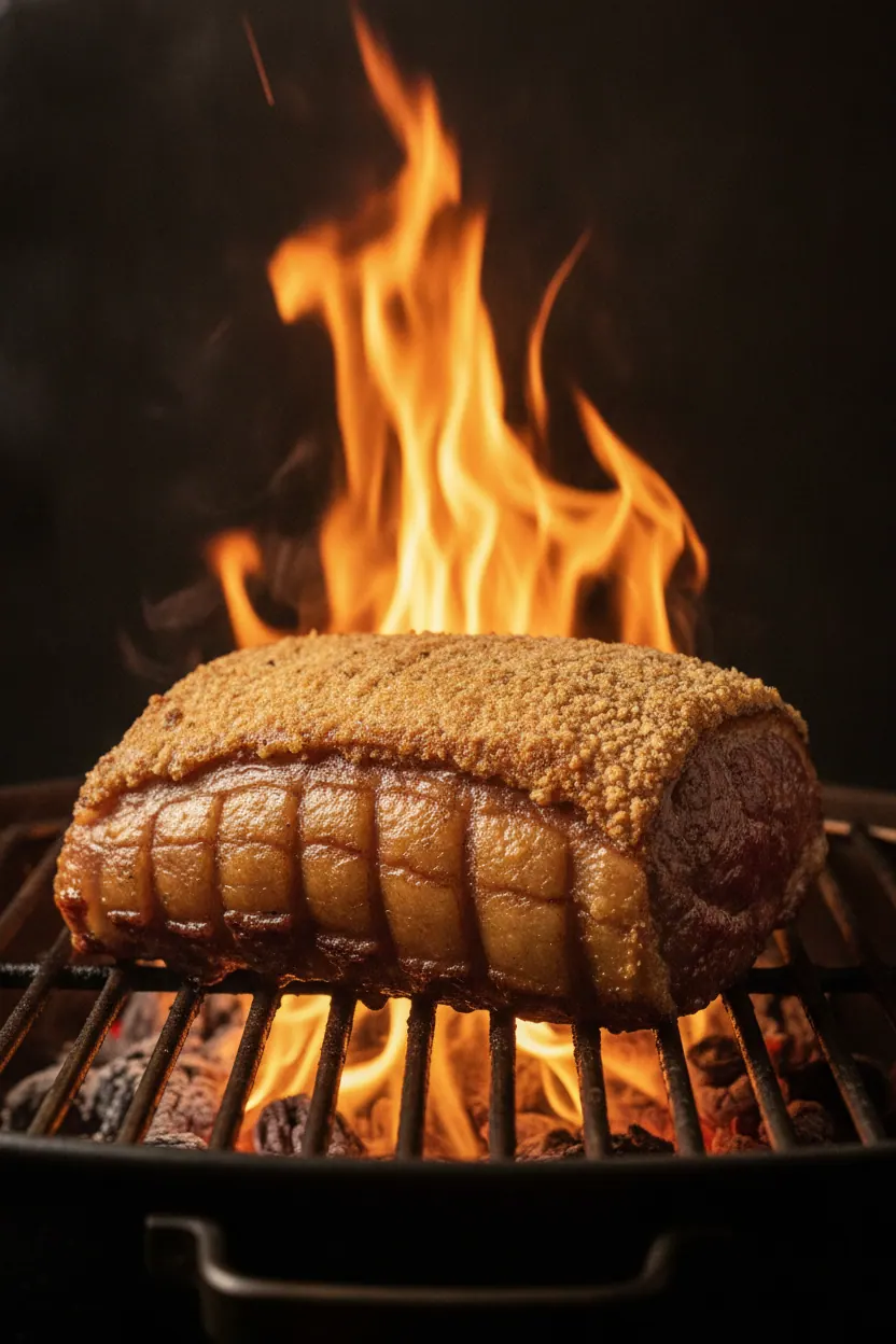 Picanha con su capa de grasa sobre la parrilla, con la llama subiendo