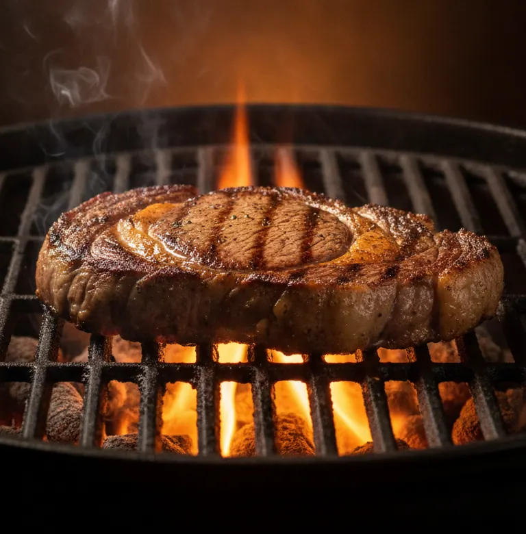 Ribeye sellándose sobre la brasa, con la llama subiendo