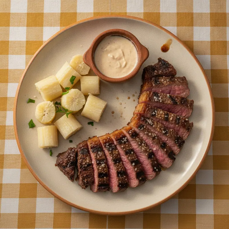 Picanha angus a la parrilla con yuca y suero costeño
