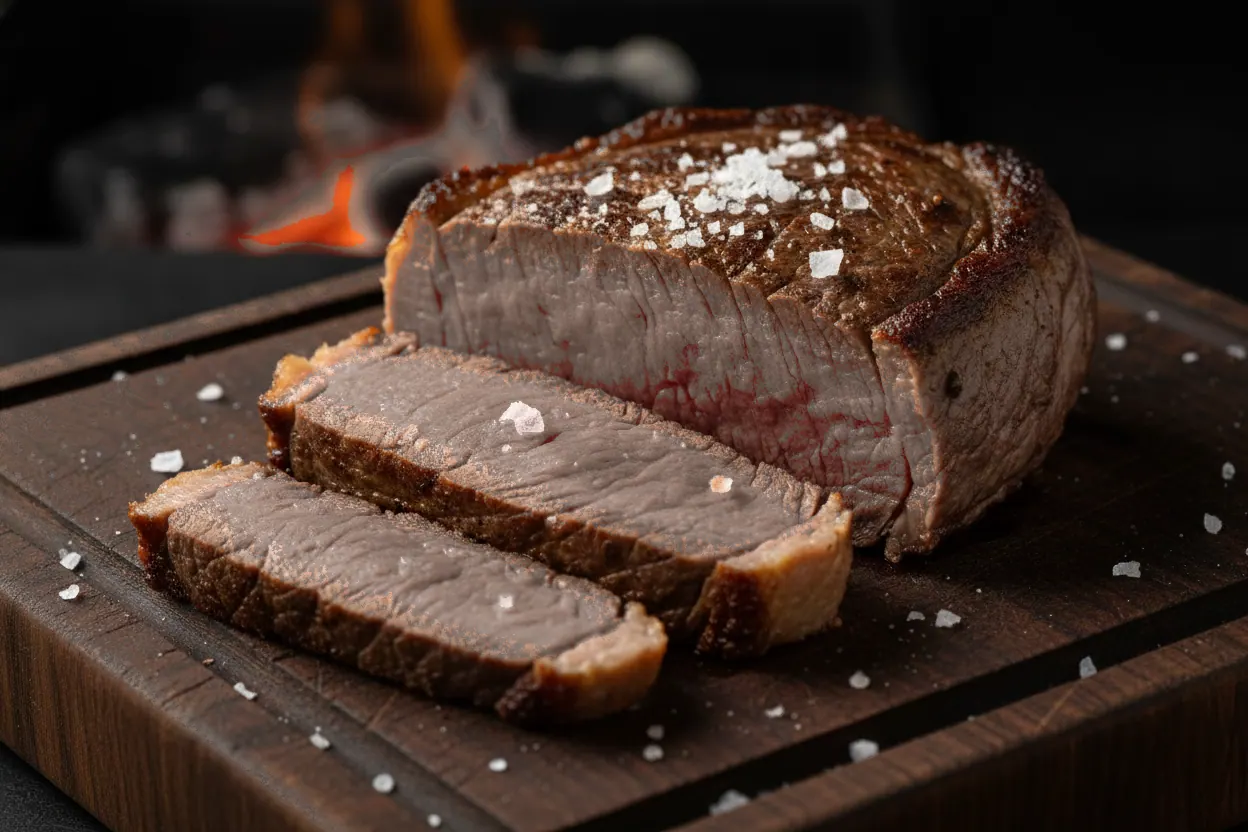 Corte tajado en término bien asado: sin rosado; la grasa, bien dorada